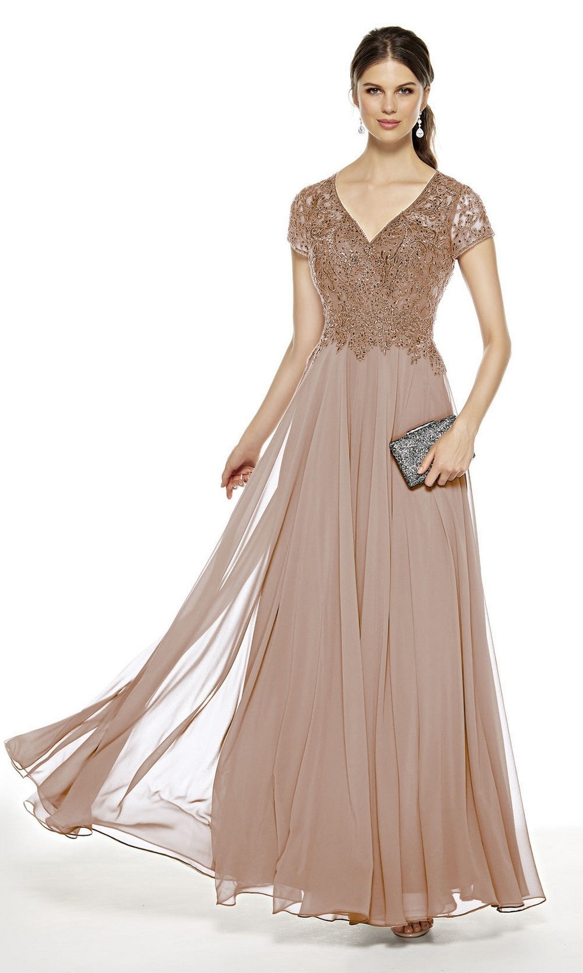 A woman in the Alyce 27389, a floor-length dusty rose formal dress with a lace bodice, short sleeves, and a chiffon A-line skirt, holds a small clutch purse.